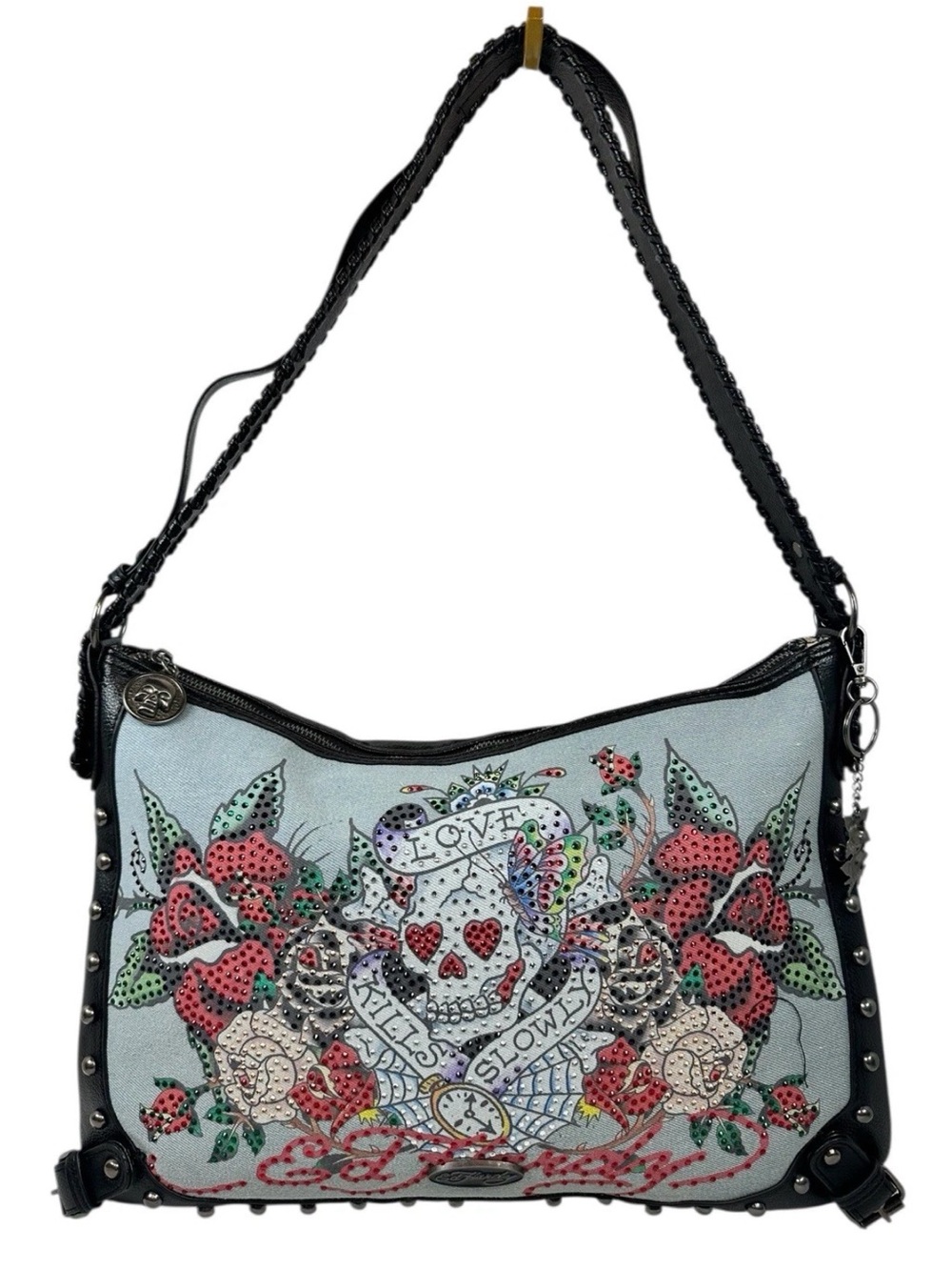 Ed Hardy Skull Roses Denim Shoulder Bag Rhinestone Studded Black Leather